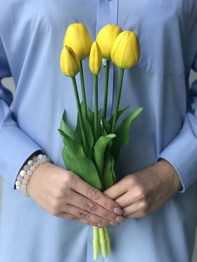Тюльпани штучні латексні жовті, букет із 5 бутонів Real Touch, для декору, подарунок