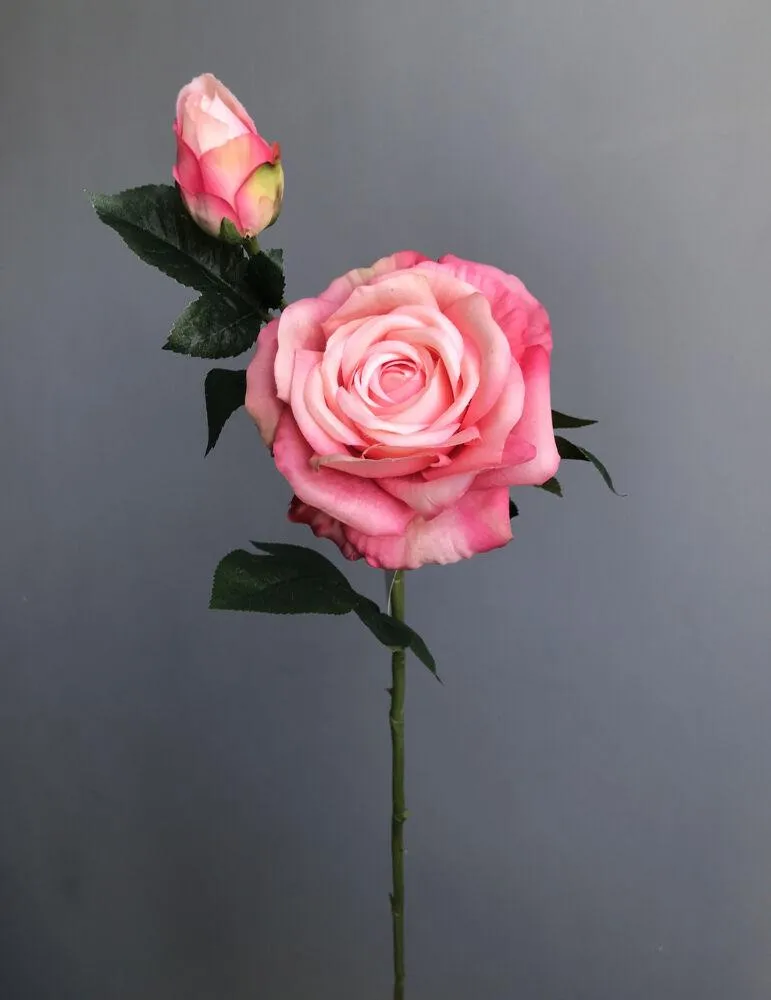 Штучна рожева троянда Deluxe на стеблі, реалістична гілка 65 см, латекс Real Touch, штучні квіти для декору