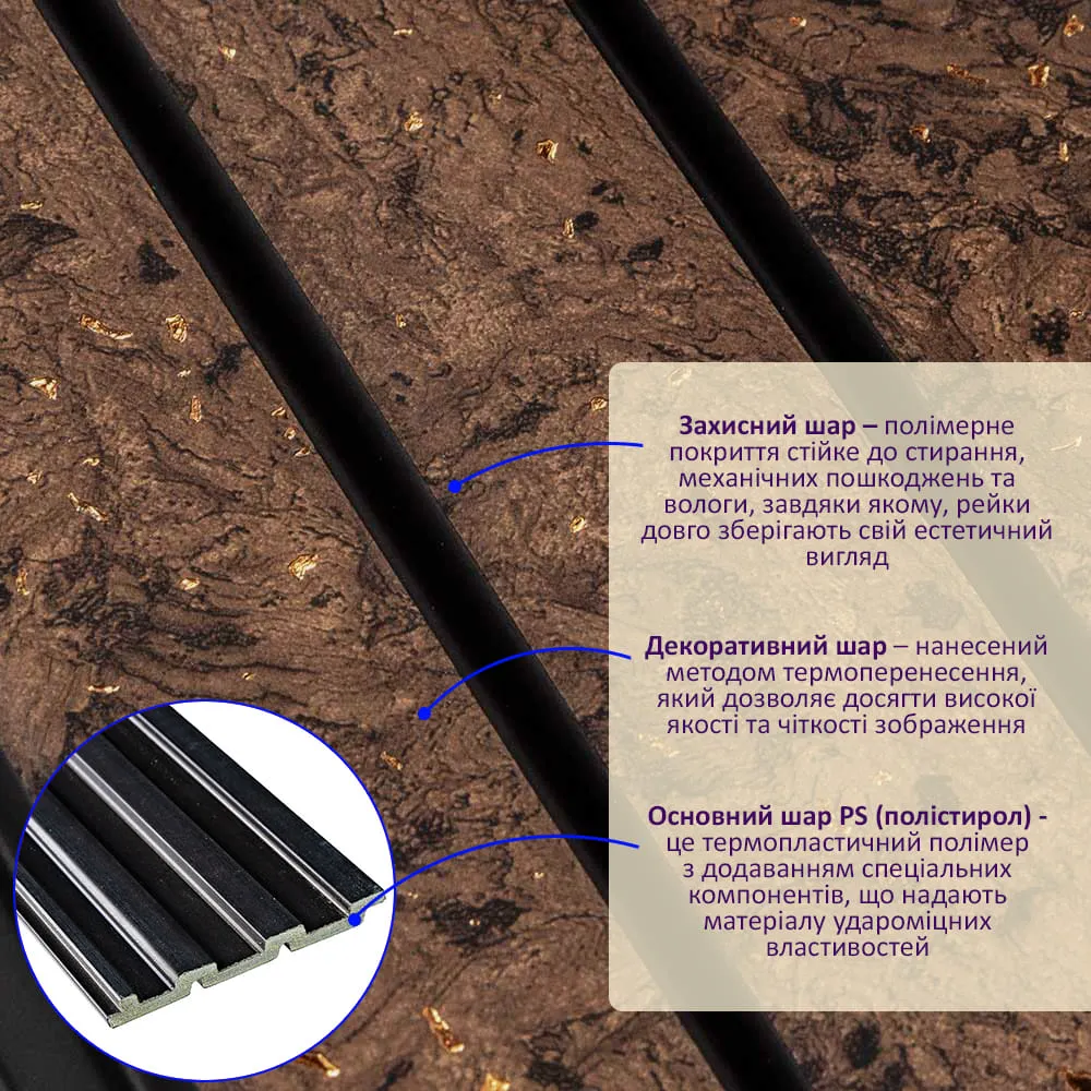 Рейка стінова декоративна темно-коричнева із золотом 2900х120х12мм-2