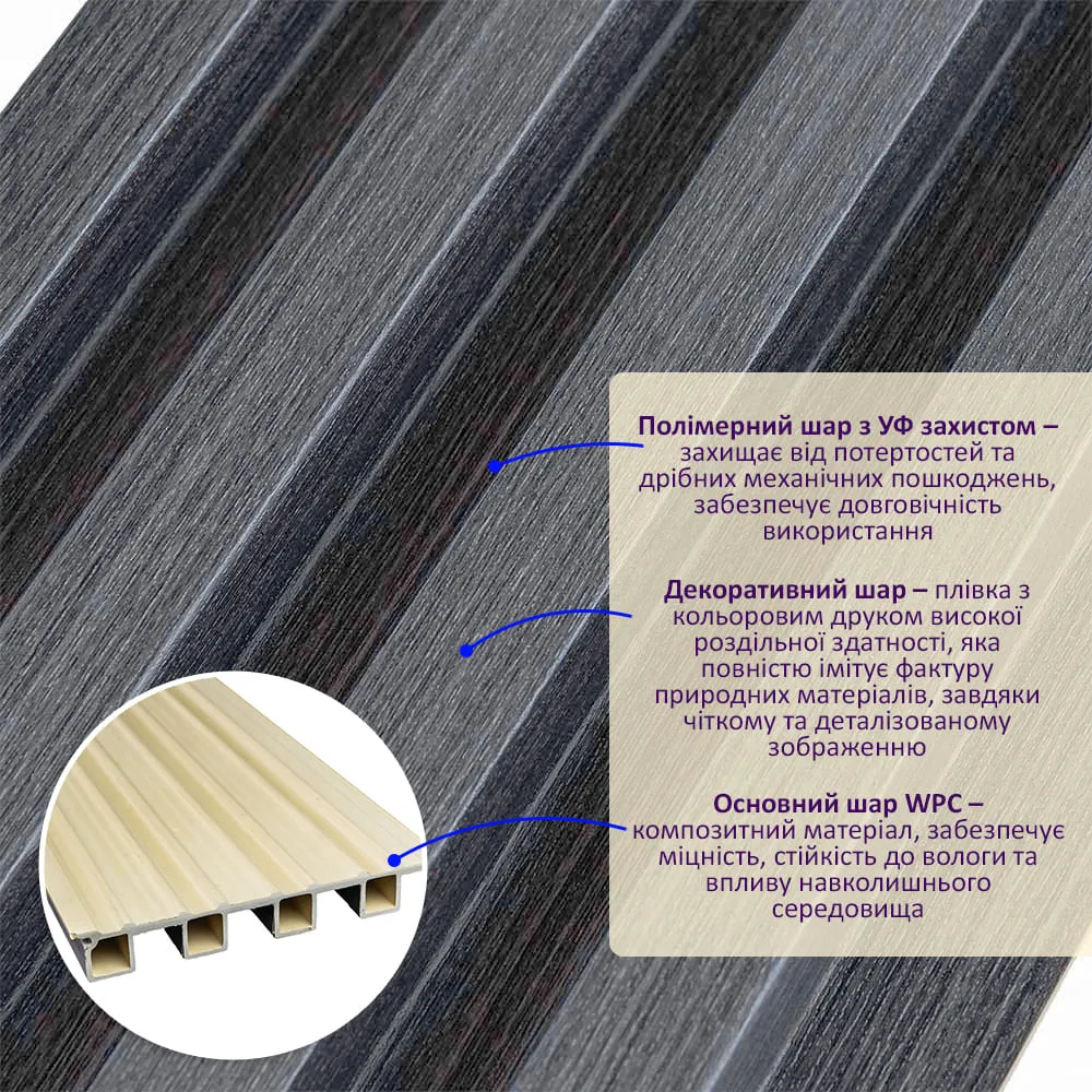 Рейка стінова декоративна графіт 3000х160х23мм-2