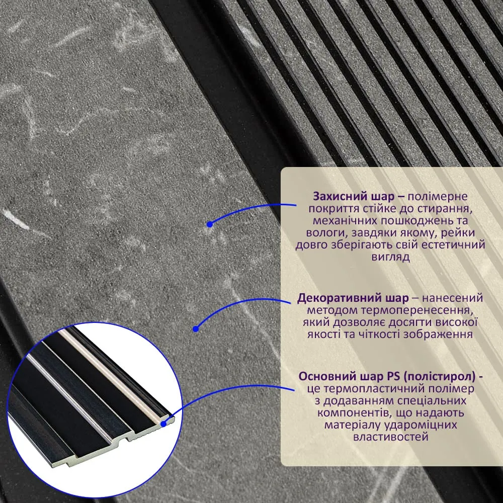 Рейка стінова декоративна сірий мармур 2900х120х12мм-2