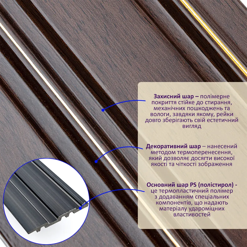 Рейка стінова декоративна темний горіх із позолотою 2900х120х12мм-2