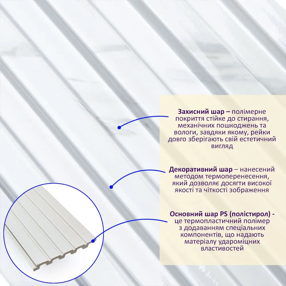 Рейка стінова декоративна білий мармур 2900х120х12мм-2