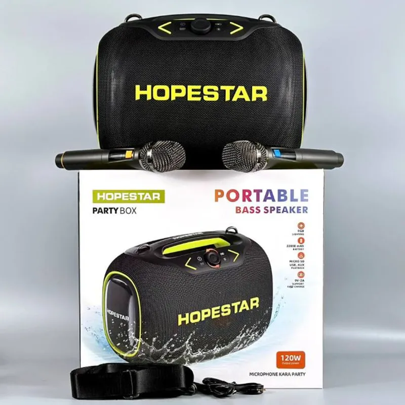Портативна колонка HOPESTAR PartyBox RGB Black з 2 мікрофонами 120W FM RGB-підсвітка USB, AUX (37,6*22,6*27,5 см)